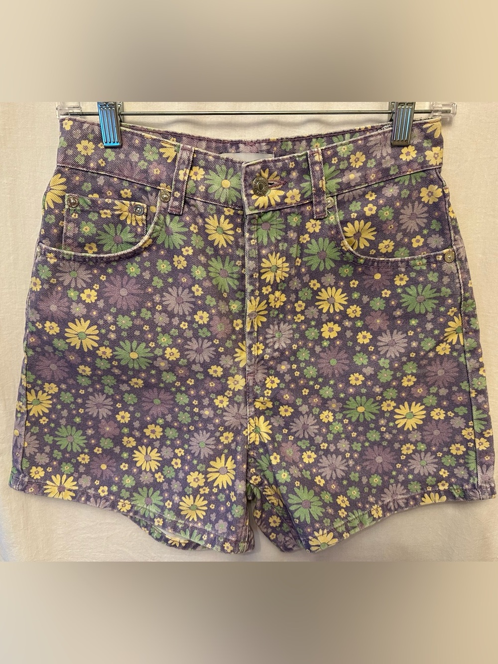 Zara Floral Denim Shorts Purple Daisy Print High Rise Womens Size 4 Retro Y2K